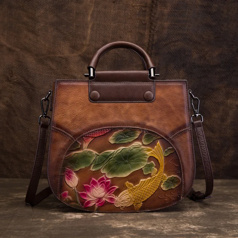 

High Quality Cowhide Messenger Genuine Leather Women Tote Shoulder Bags Fish Lotus Pattern National Style Female Top Handle Bag