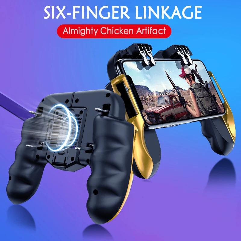 PUBG Mobile Controller Six Finger Gamepad With Cooler Cooling Fan For iOS Android Operation Joystick red and gold 500mAh battery