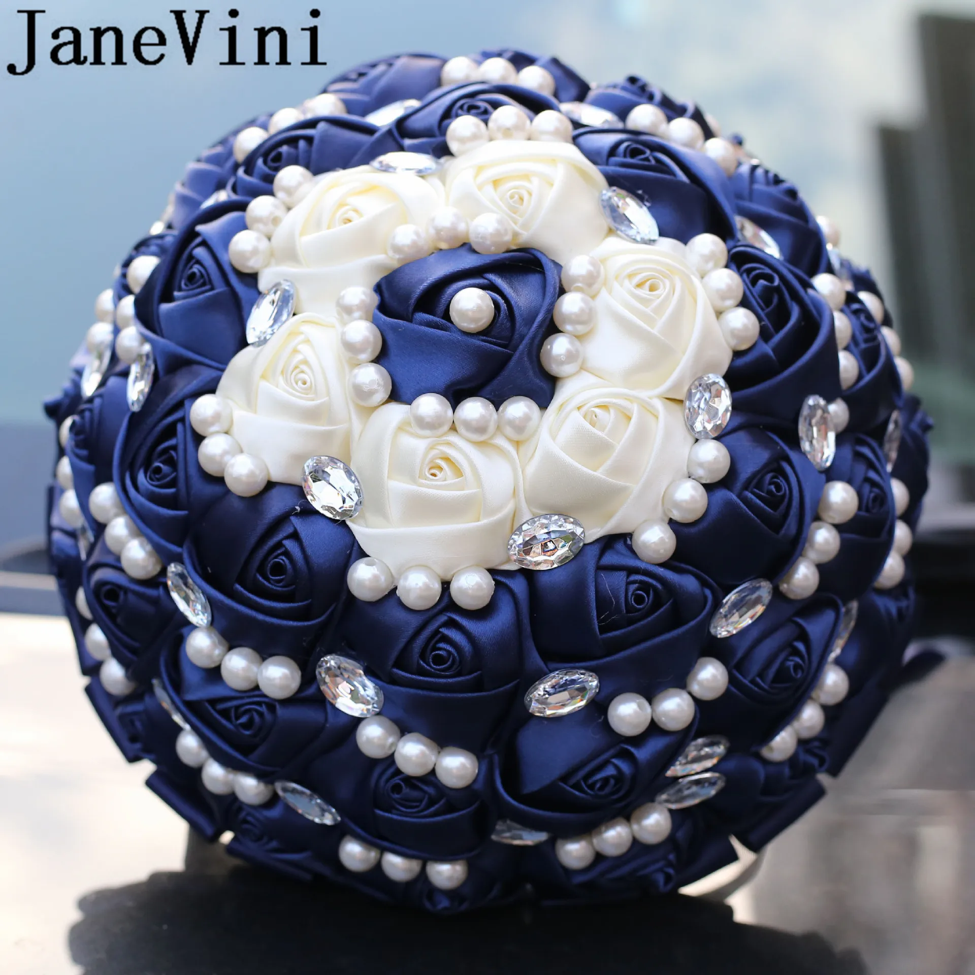 JaneVini Navy Blue Pearl Beaded Flwer Wedding Boquet Bride Satin Flower Bouquets Crystal Rose Bridal Bouquet bruids boeket 2019