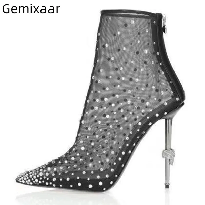 Черные ботинки из сетчатого материала, Шипованный Кристалл женские ботильоны с острым носком, на молнии, на тонком металлическом высоком каблуке, украшенные черепами женская обувь, размер 43