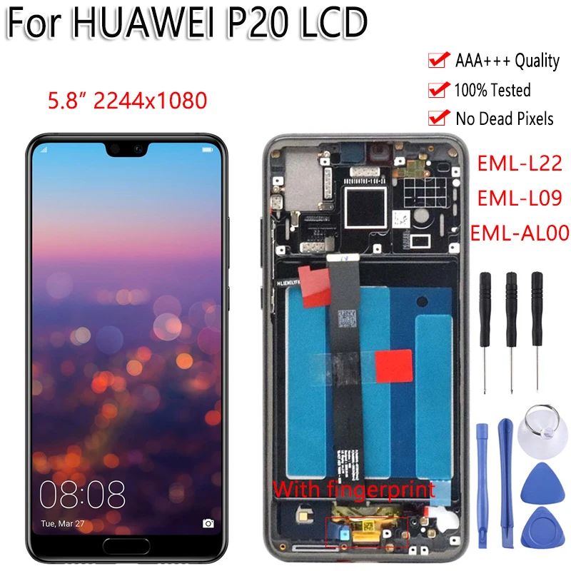 

No Dead Pixels 5.8" For HUAWEI P20 LCD Display Touch Screen Digitizer Assembly For HUAWEI P20 EML L29 L22 L09 lcd+Fingerprint