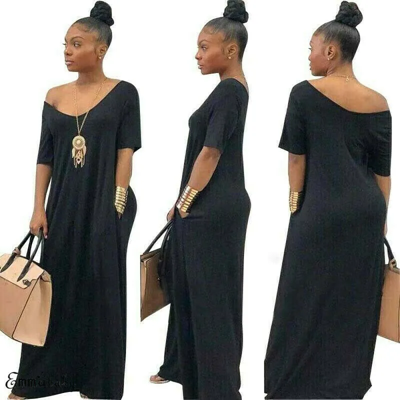 

2019 New Women Solid Color Casual Boho Short Sleeve V Neck Long Maxi Dress Kaftan Gypsy Summer Beach Dresses