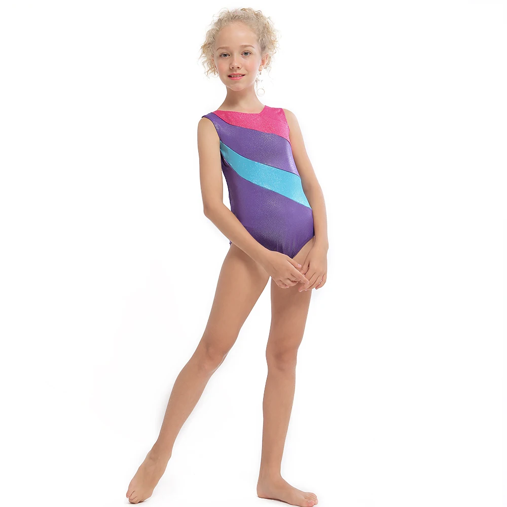 Детские гимнастические трико для девочек; танцевальная одежда без рукавов в фиолетовую полоску; танцевальные трико; костюмы; платье-пачка; Профессиональная Одежда для танцев