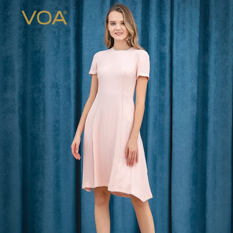 

VOA Mulberry Silk Round neck Short sleeve Contrast color splice Bright line decoration Slim fit Summer dress Ladies dress A10330
