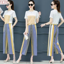 Yellow 2020 Summer Two Piece Outfits Striped Tracksuits for Women Wide Llose Pants Suits and Top Sportswear Co-ord Set Clothing