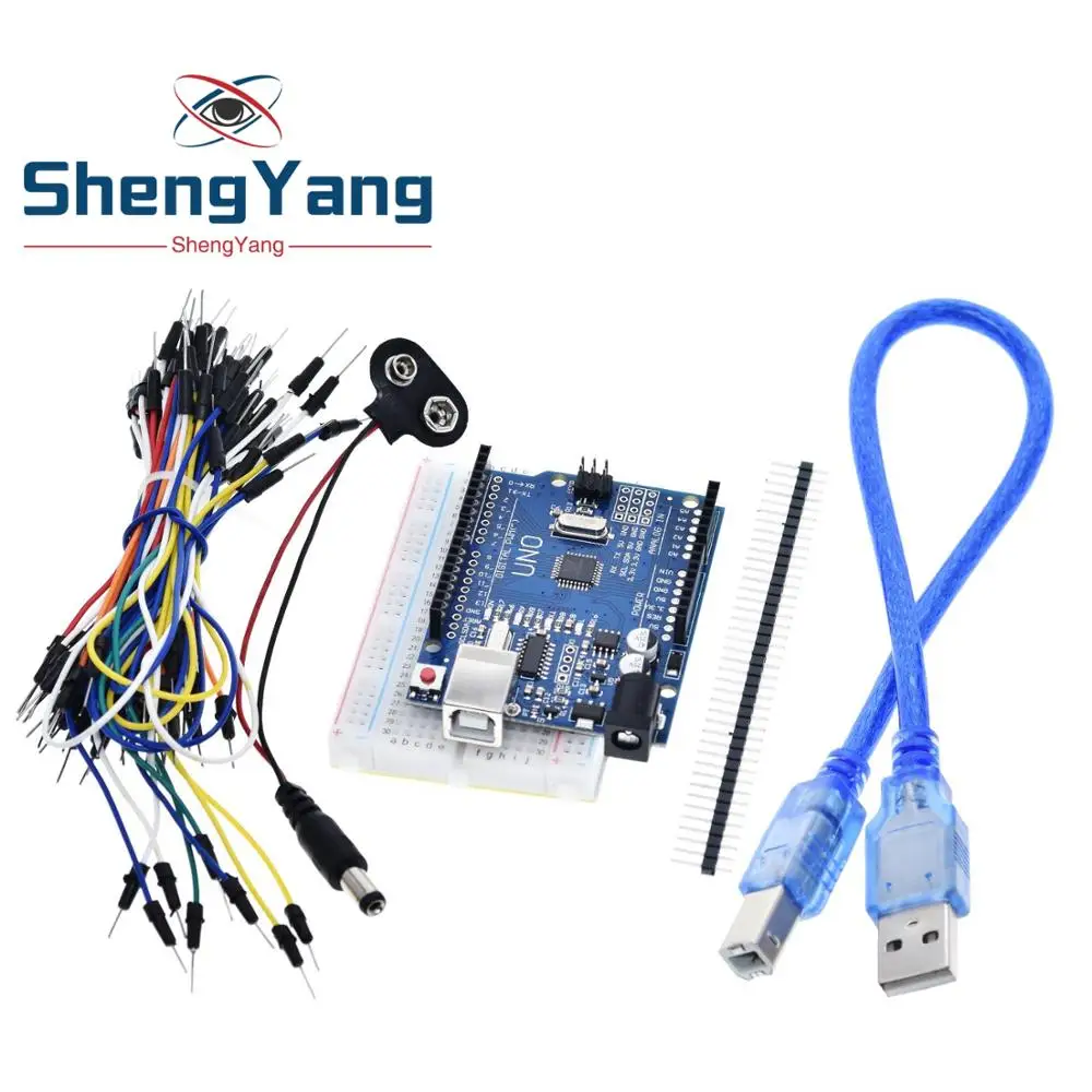 ShengYang стартовый комплект для arduino Uno R3-комплект из 5 предметов: Uno R3 макетная плата Перемычка провода USB кабель и 9 в разъем батареи