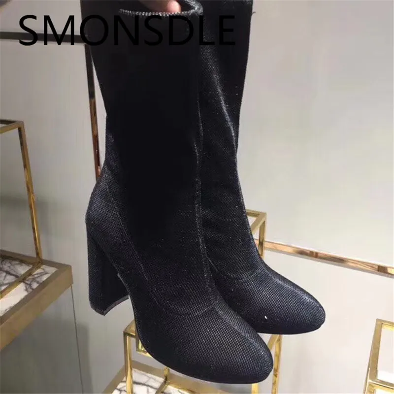 As Rond Élastiques Pic as Pic Talon Smonsdle Chunky Bout Femme Automne Slip Nouveau Bleu Printemps Sur Mi Daim Bottes Femmes mollet Noir En Chaussures xAgTYARq