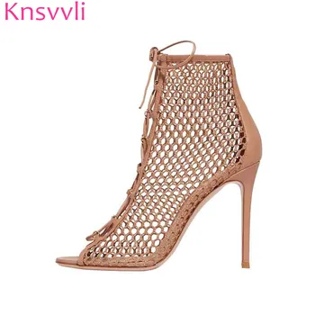 

Runway Mesh Cut Outs Ankle Boots Women Open Toe Thin High Heels Summer Boots Cross-tied Sexy Party Shoes Sandals Feminina