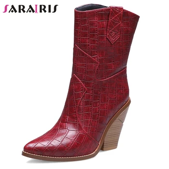 

SARAIRIS brand new fashion boots woman vintage woolden strange heels boots slip on pinted toe lady ankle boots woman size 34-44