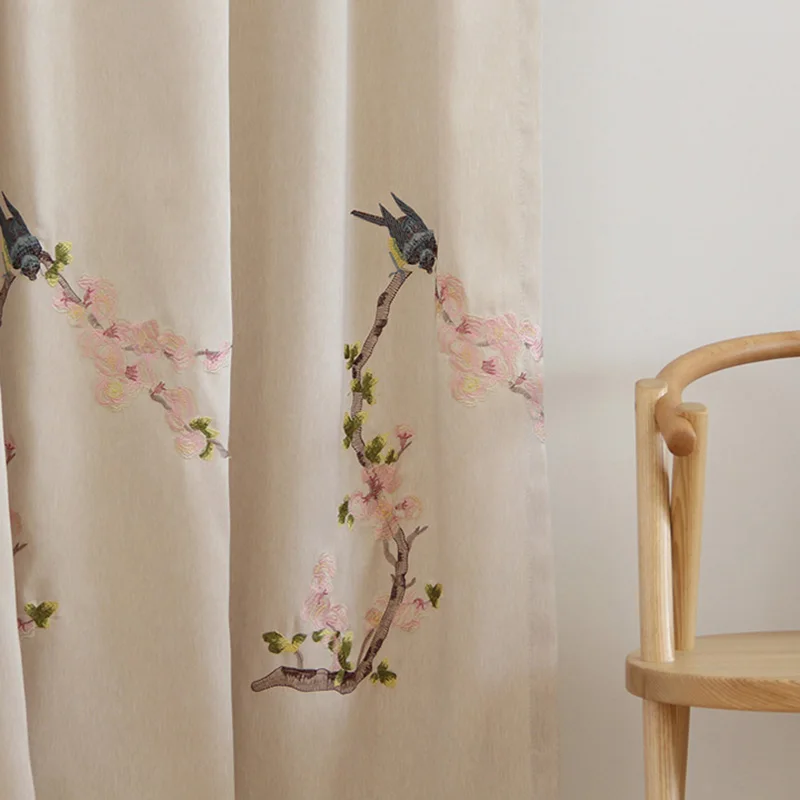 Simple Pastoral Traditional Chinese Embroidery Window Curtains For Living Room White Flowers and Birds Tulle Drapes MY104#40