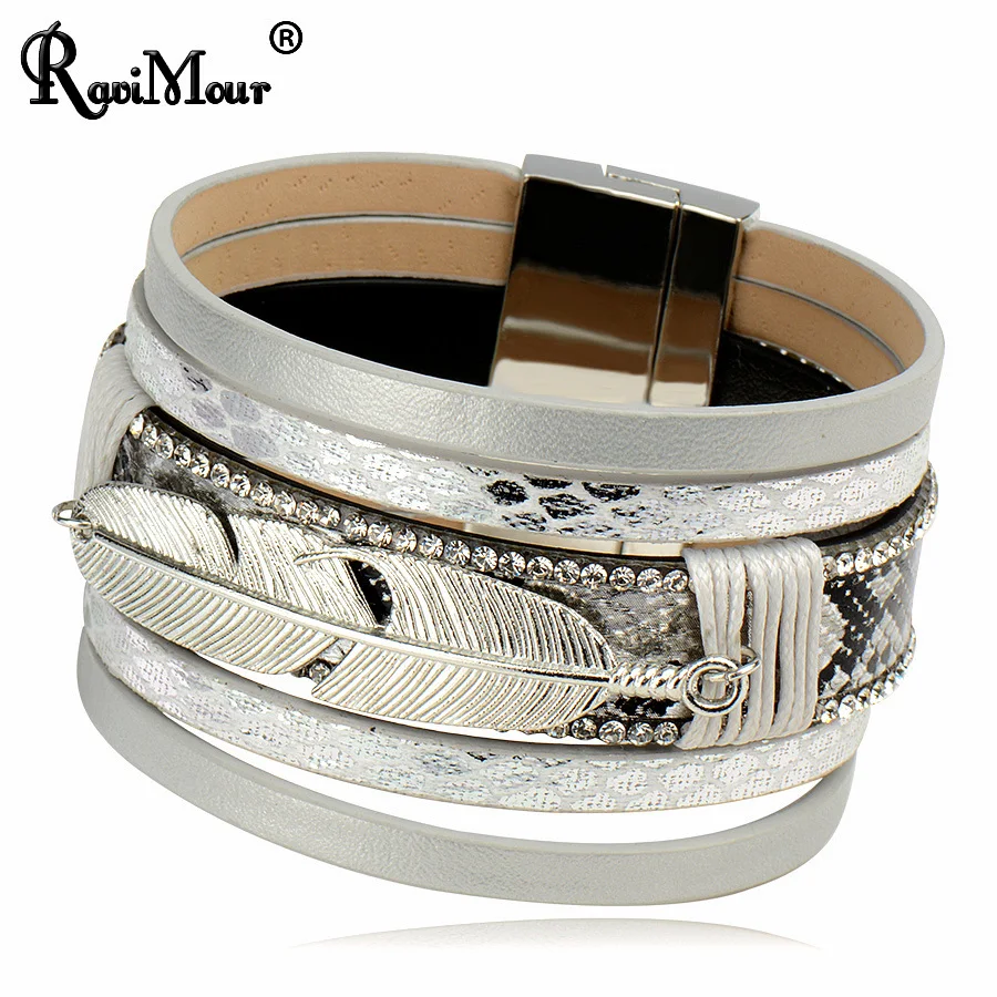 

RAVIMOUR 2017 PU Leather Bracelet for Men Women Jewelry Feather Punk Magnetic Cuff Wrap Bracelets & Bangles Charms Pulseiras