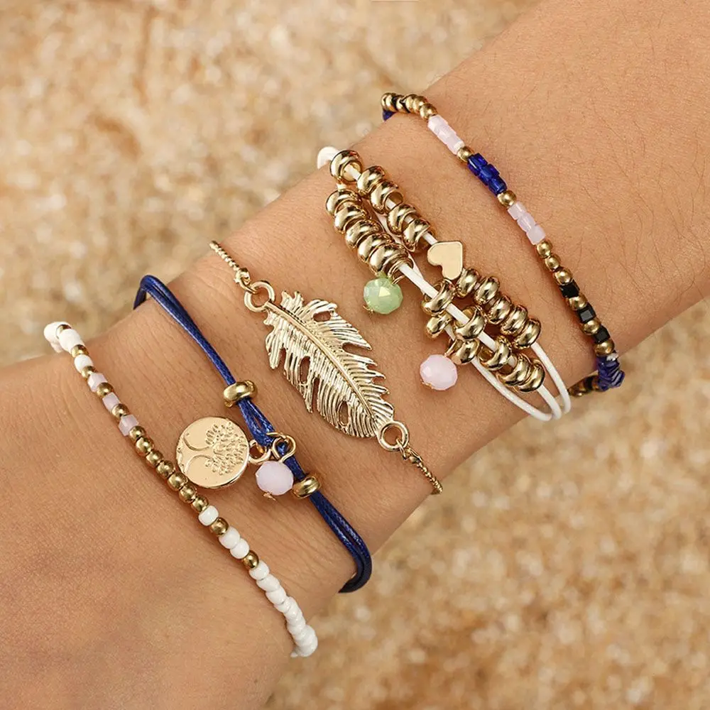 

5pcs/set Bohemian Rope Woven Beaded Bracelets Bangles For Women Fashion Metal Leaf Feather Bracelets Sets Jewelry Gifts
