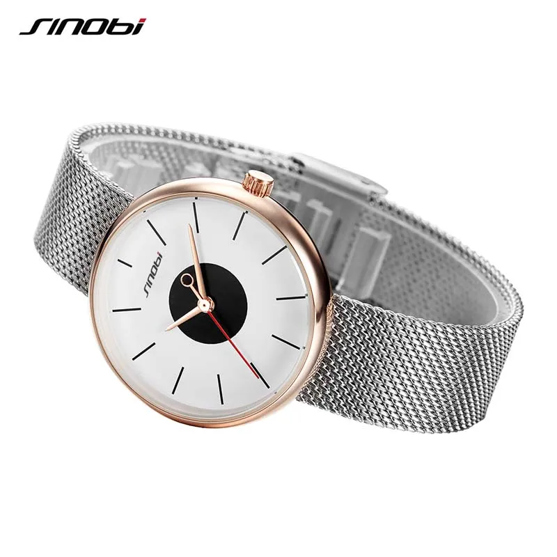 

SINOBI Ultrathin Silver Mesh Stainless Steel Watches Women Luxury Casual Quartz Clock Ladies Wrist Watch Femme Relogio Feminino