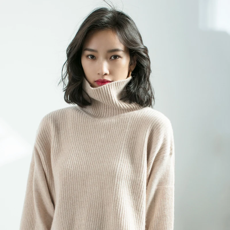 

HLICYUM 2018 autumn and winter new solid color turtleneck sweater long cashmere sweater loose casual top