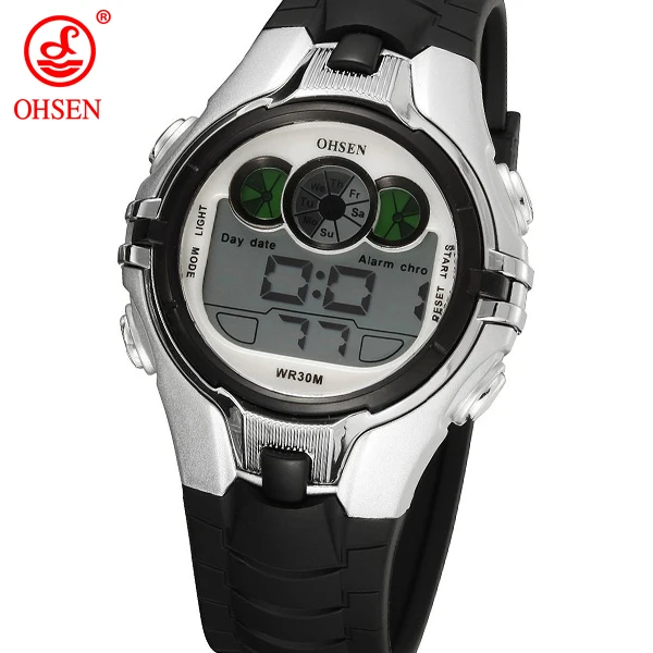 OHSEN брендовые Детские цифровые спортивные часы для мальчиков и девочек, будильник, секундомер, 7 цветов, светодиодный светильник с резиновым ремешком, наручные часы - Цвет: Белый