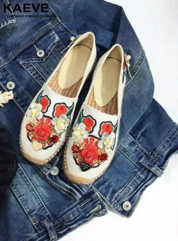 

Luxury Women Floral Embroidery Shoes Fisherman Platform Espadrille Linen Rope Straw Bottom Breathable Flat Casual Canva Creeper