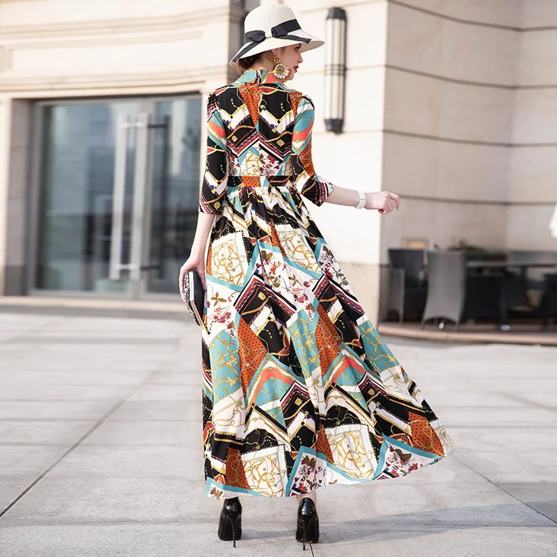 Весна Лето Тренч Платье с принтом модное дизайнерское длинное платье для женщин 2/3 рукав плюс размер вечерние Макси до щиколотки платье DZ2129