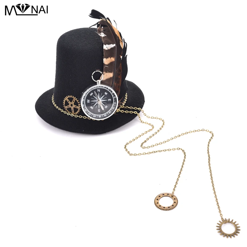 

Girls Steampunk Mini Small Top Hat Hair Clip Vintage Retro Compass Feather Chains Hats Lolita Punk Head Wear