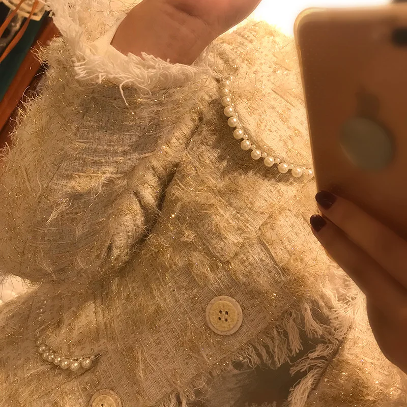Новинка 8103 дизайнерское Брендовое флокулянтное зимнее пальто с золотой головой белая газовая юбка