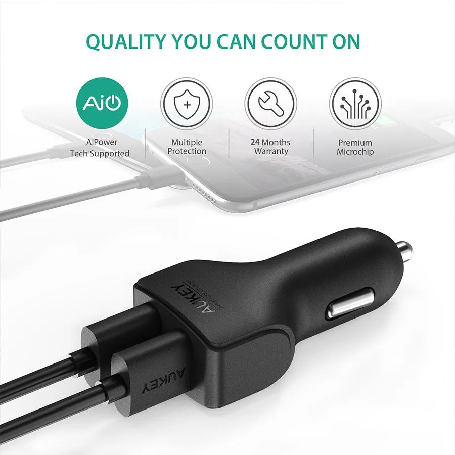 AUKEY شاحن سيارة 4.8A 2 منافذ مايكرو السيارات البسيطة المزدوجة Usb سيارة شاحن آيفون باد Xiaomi الخ الهاتف سريع محول للشحن في سيارة