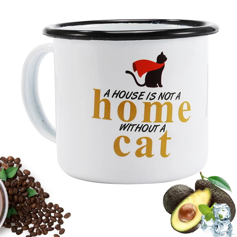 

Simple Black Edge Enameled Cup, Special Cat Pattern Milk Mug, Household and Office Coffee Cup