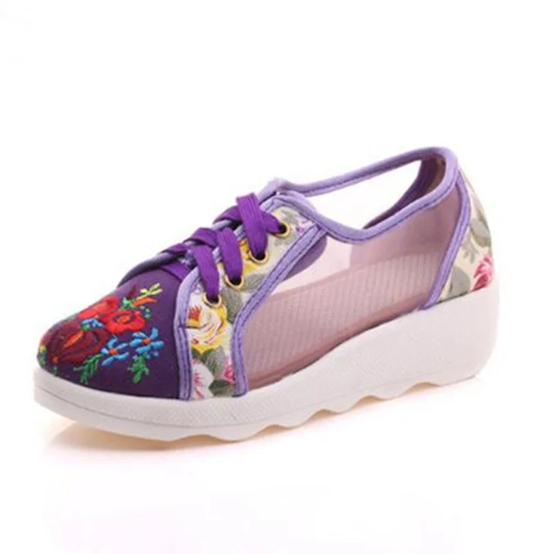 

Summer Cut Out Flat Platform Shoes Woman Breathable Ethnic Floral Embroider Round Toe Walking Flats Lace-up Footwear Casual