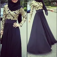 A Line Long Sleeve Hijab Women Evening Dresses With Gold Lace Muslim Caftan Formal Dinner Dresses Evening Gowns Vestito Da Sera