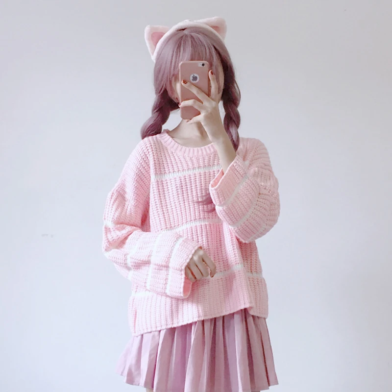 

Sweet Cute Girls Womens Knitted Sweater Striped Pullovers Long Flare Sleeve Fall Winter Sweaters 2018 Autumn Clothes