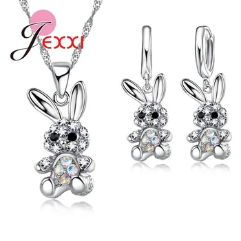 

Hot Sale Women Girls Lovely Cute Animal Rabbit Crystal Pendent 925 Sterling Silver Chains Necklace Jewelry Sets Bijoux