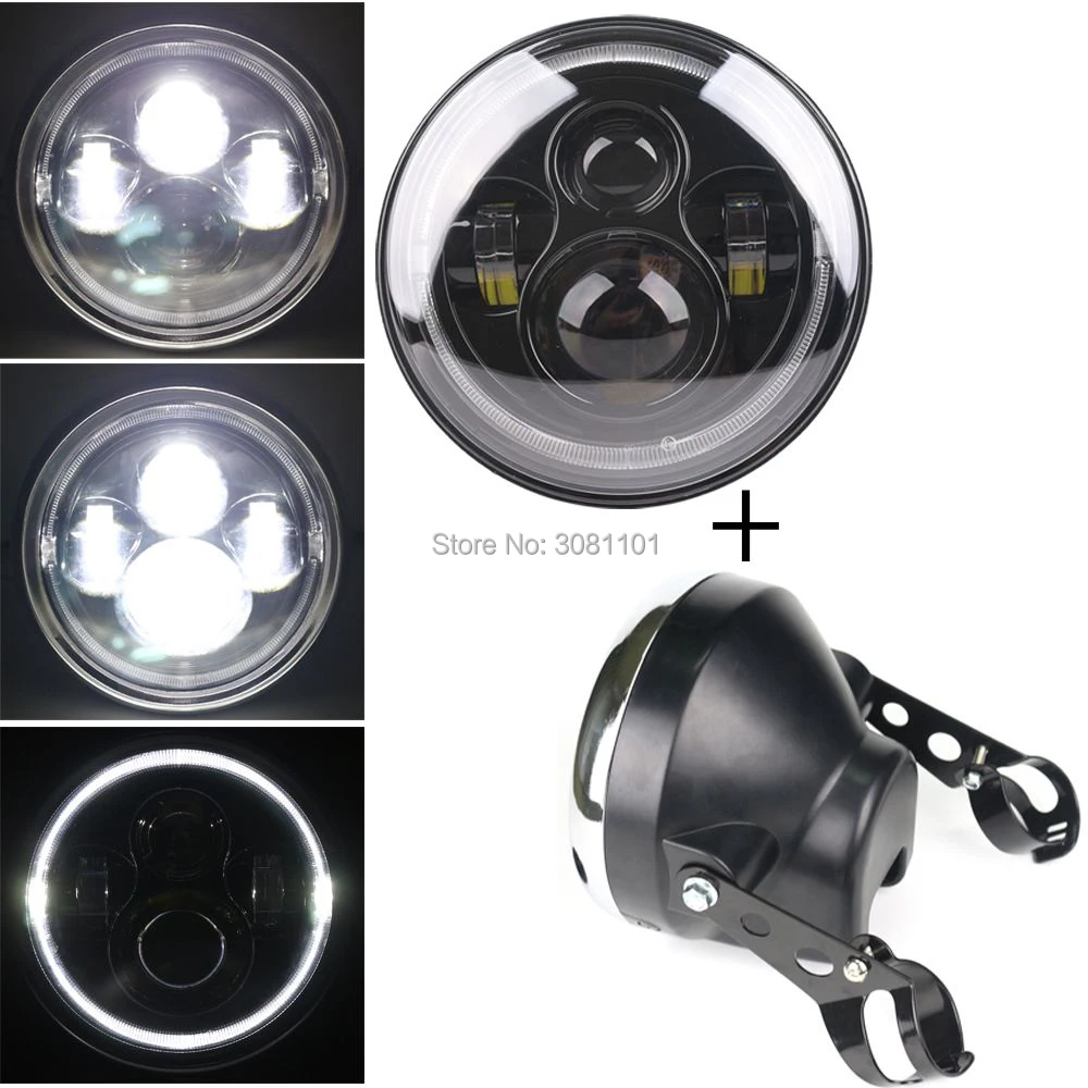 

Black 7" Led Projector Headlight with Crystal Halo Ring DRL plus 7" Lamp Shell Mount Bracket for Motorcycle Honda