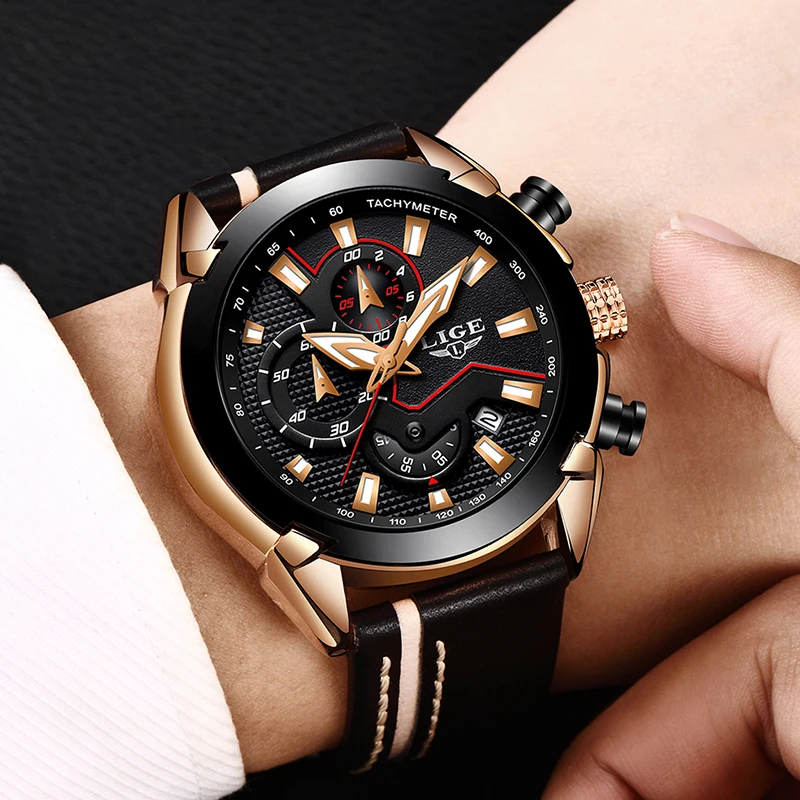 

Relogio Masculino 2019 LIGE Mens Watches Top Brand Luxury Leather Quartz Gold Watch Men Business Big Dial Waterproof Chronograph