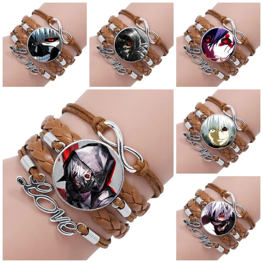 

For Child Glass Cabochon Multilayer Black/Brown Leather Bracelet Bangle Tokyo Ghoul Kaneki Ken