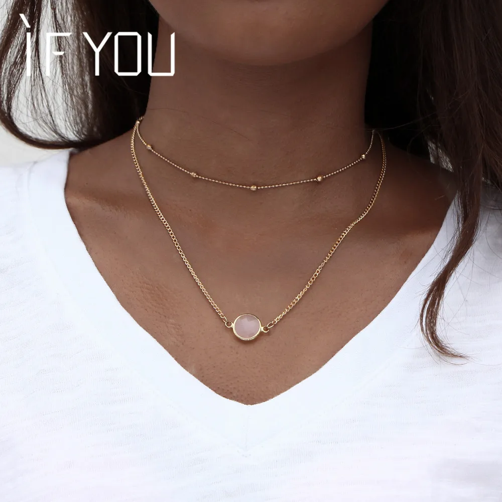

IF YOU Fashion 4 Colors Stone Double Layer Choker Pendant Necklaces For women Collier Chain Necklace Jewelry Femle Gift