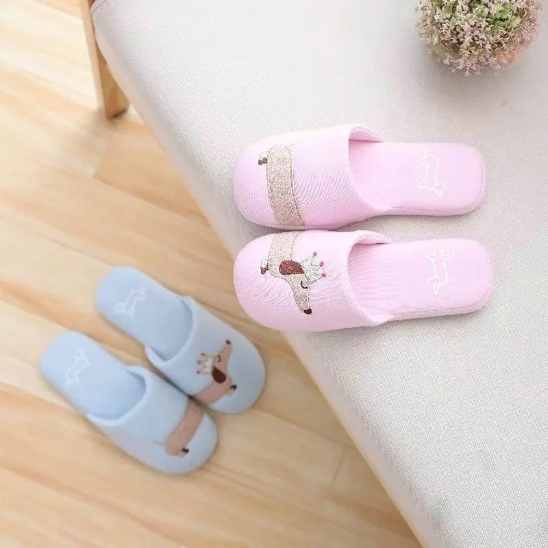 Women's Fuzzy Pink And Light Blue Dog Plush Cotton Slippers Slip On Dachshund Female Slippers