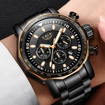 

LIGE Top Luxury Brand Men's Quartz Watches Business Big Dial Fashion Casual Waterproof Stainless Steel Black Watch Male Clock