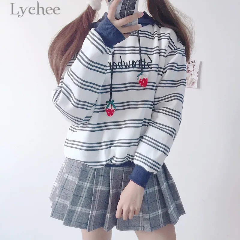 Толстовка Lychee в полоску с капюшоном и вышивкой клубники осенне зимние флисовые