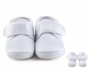 

Delebao White Simple Style Hook & Loop Christening Baptism Newborn Baby Girl Shoes + Baptism Socks For 0-12 Months Wholesale