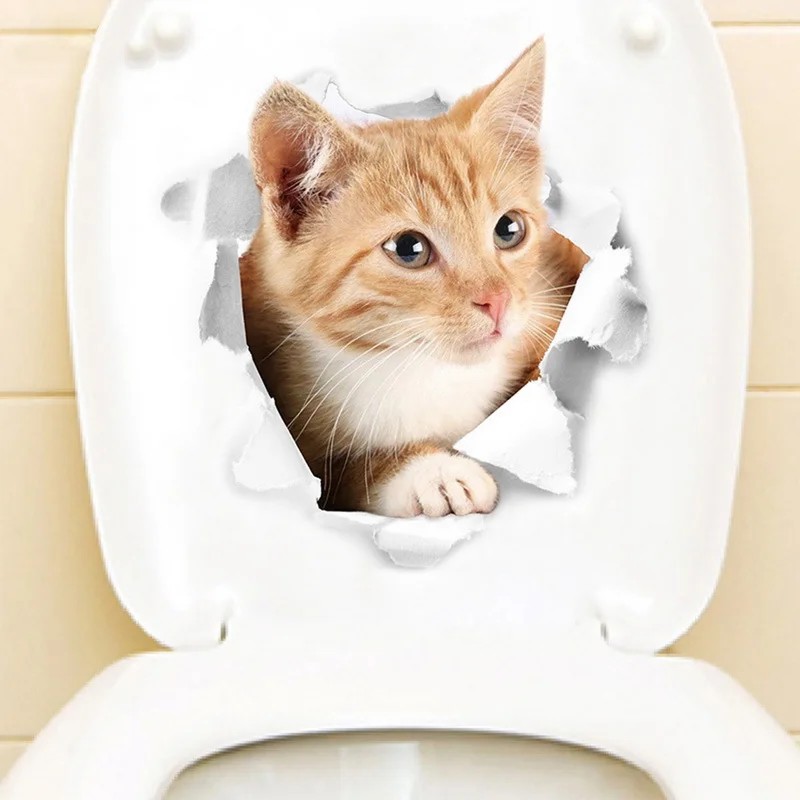 

Various Kitten Animal Cartoon Cat Wall Sticker 3D Baby Kid Room Bathroom Decor Peel Stick Toilet Sticker Hole View Poster