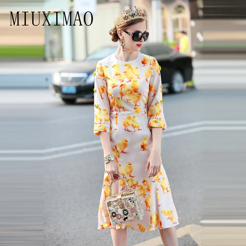 

2018 Latest Spring New Arrival Fashion O-Neck Full Sleeve Trumpet Animal Printed Appliques Elegant Mid-Calf Long Dress Women