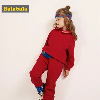 

Balabala Toddler Girl Fleece-Lined Thermal Ruffle-Trimed Hooded Sweatshirt Set Kid 2-Piece Hooded Sweatshirt + Pull-on Pants Set