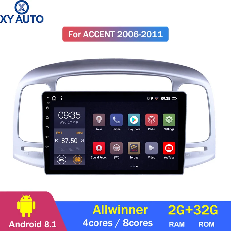 9 дюймов 2.5D ips HD мультисенсорный экран Android8.1 2G ram 32G rom NAVI для hyundai Accent 2006-2011 с Bluetooth USB wifi SWC