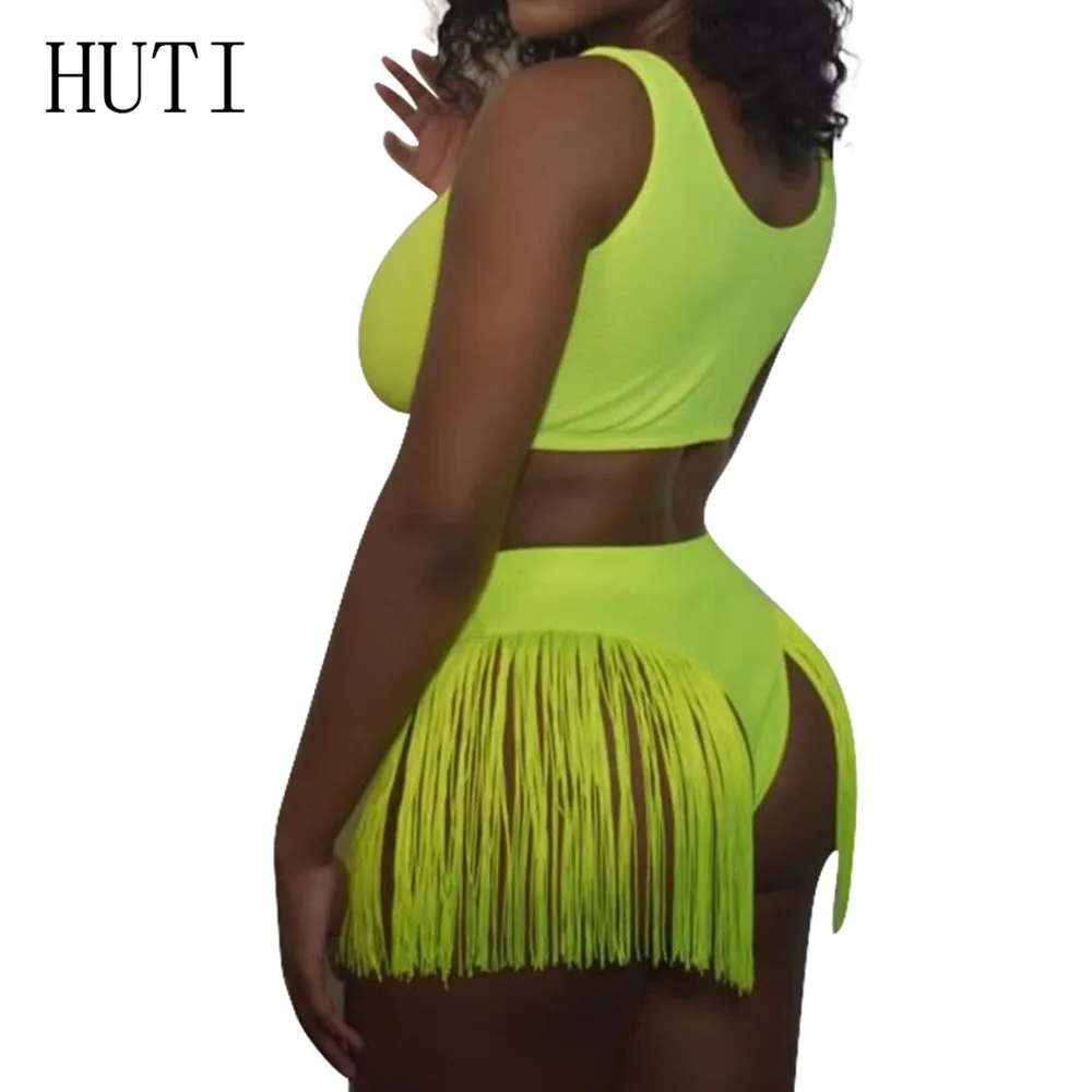 HUTI Women Two Pieces Sets Sexy Sleeveless Hollow Out Top+tassel Bodysuits Summer Beach Club Wear Playsuits Combinaison Femme HUTI Women Two Pieces Sets Sexy Sleeveless Hollow Out Top+tassel Bodysuits Summer Beach Club Wear Playsuits Combinaison Femme