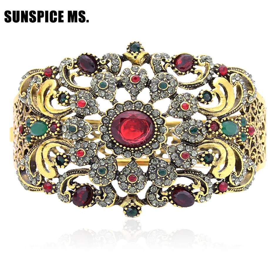 

Wholesale Bohemia Vintage Round Crystal Women Bangle Bracelet Antique Gold Color Rhinestone Ethnic Cuff Turkish Indian Jewelry