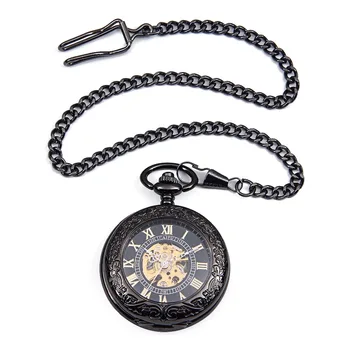 

20PCS A LOT Steampunk Skeleton Male Clock Transparent Mechanical Black See Though Face Retro Ver Vintage Pendant Pocket Watch