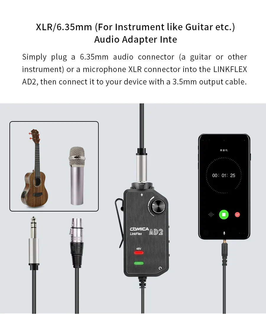 Comica AD2 XLR/6,35 мм микрофонный предусилитель с XLR/гитарный адаптер сопряжения для iPhone iPad Mac/PC, Android Phone DSLR камер