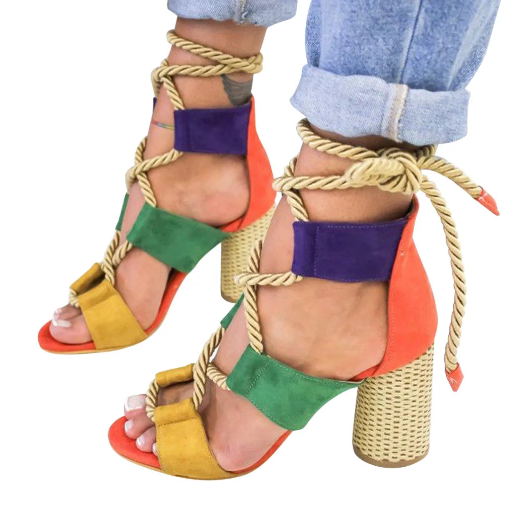 

KLV Summer Wedges Shoes Women's Ladies Elegant Strap Mixed Colors Lace Up High Heel Sandals Roman Shoes Zapatos De Mujer 2019
