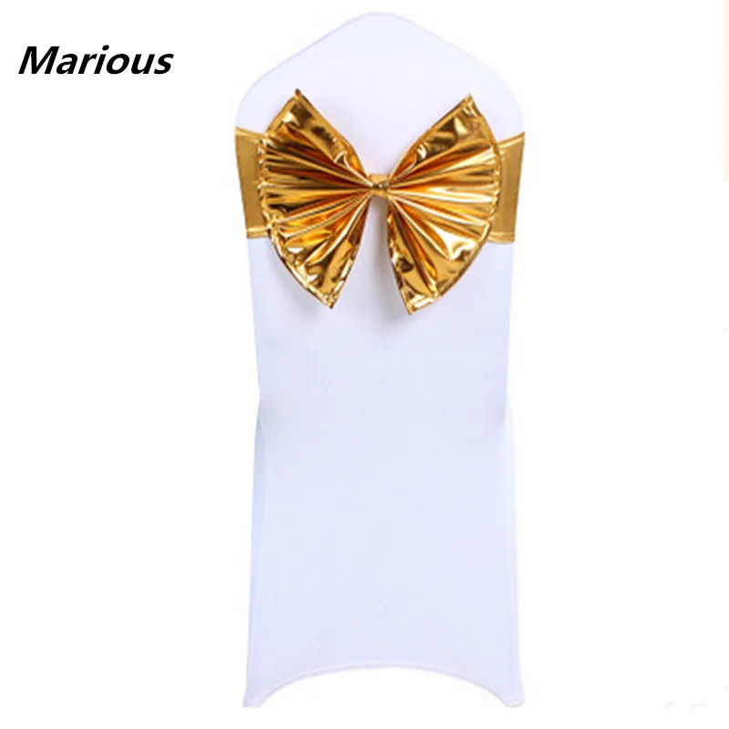 

Hot sale 50pcsmetallic lycra chair bow gold/pink/black metallic chair cover sashes bands for wedding banquet party free shipping