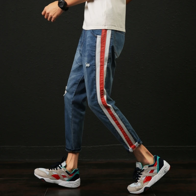 2018 New Original Men Fashion Casual Blue Holes Side Stripe Cowboy Pants Stretch Slim Fit Jeans Homme Denim Trousers Plus Size 