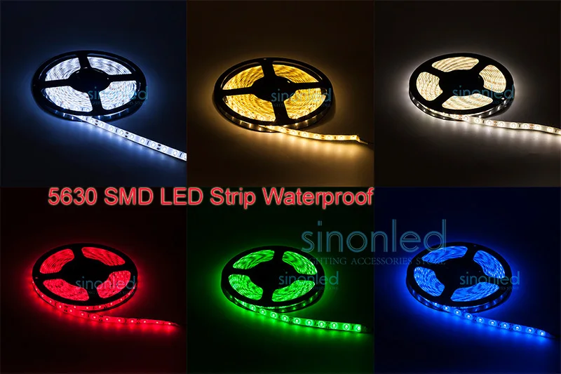 

5M 5630 SMD LED Strip 60LEDs/M Waterproof Flexible DC 12V Brighter than 5050 SMD, Red/Green/Blue/White/Warm White/Nature White