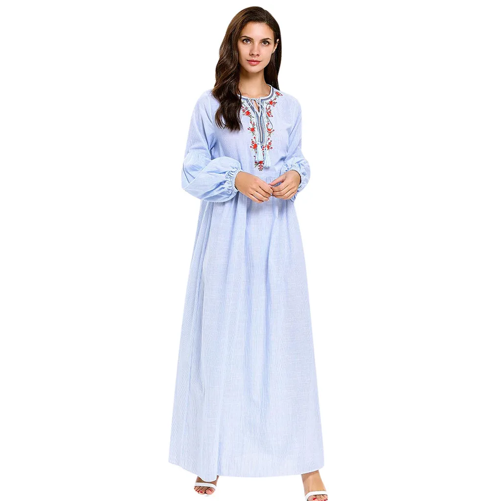 

ISHOWTIENDA Islamic Muslim Dress Women Loose Long Maxi Dress Abaya Embroidery Casual Full Sleeve Hijab Dresses Musulmane Longue